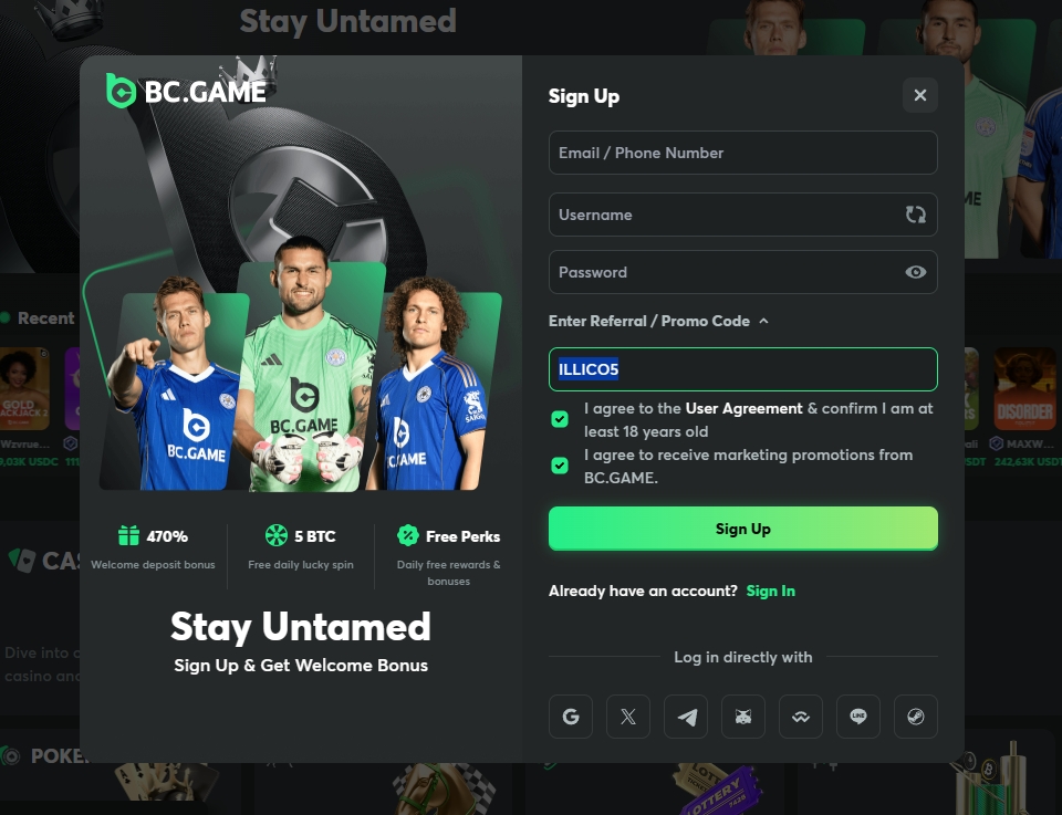 Screenshot BC Game - Bono Sin Deposito 5€ Gratis avec code ILLICO5