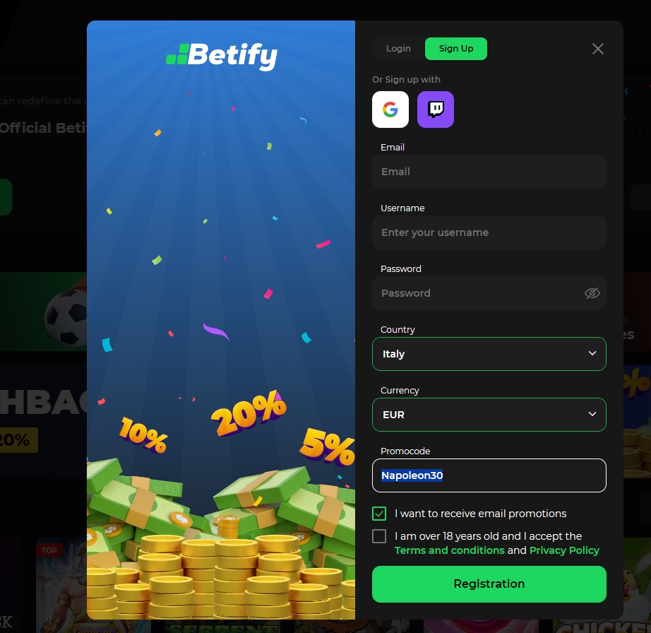 Screenshot Betify - Bono Sin Deposito 30 Giros Gratis avec code NAPOLEON30