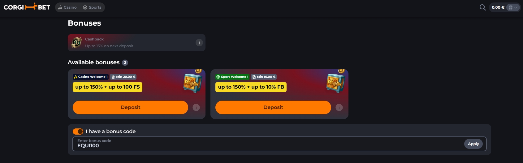 Screenshot Corgibet - Bono Sin Deposito 100 Giros Gratis avec code EQUI100