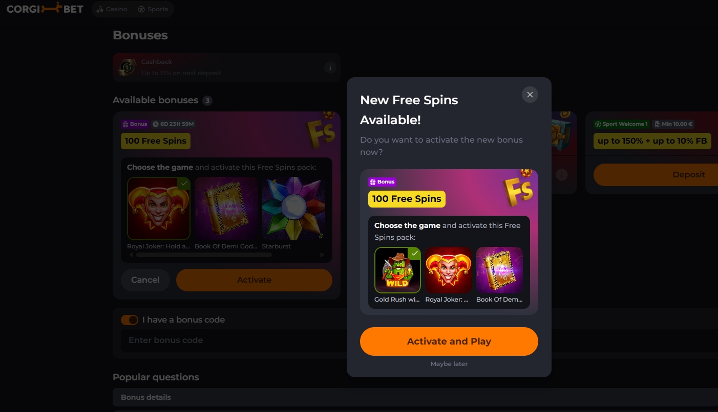 Screenshot Corgibet - Choix des jeux 100 Giros Gratis