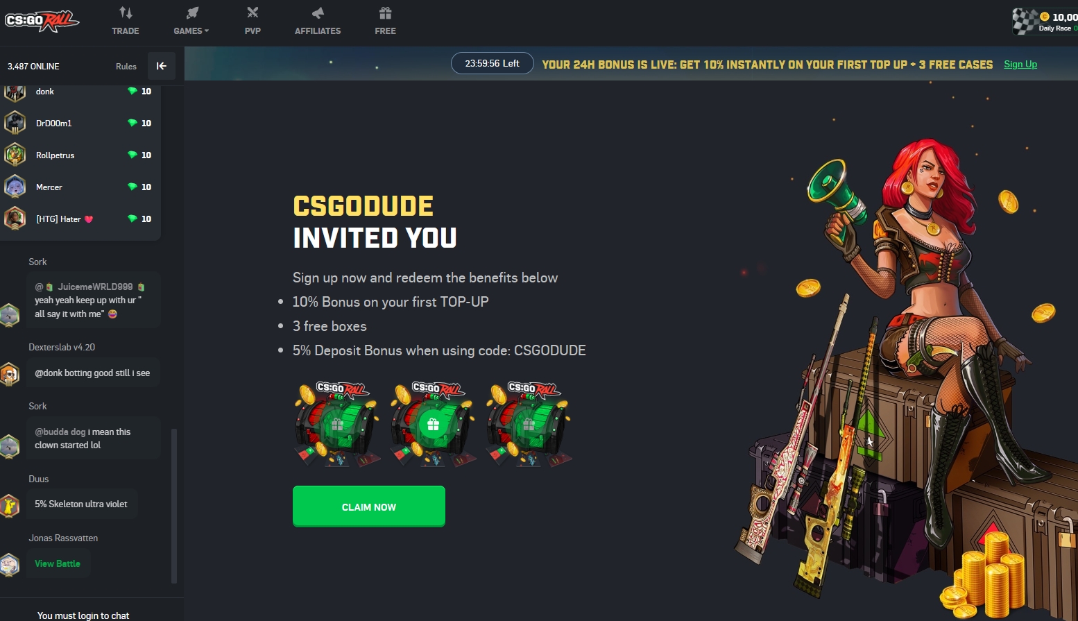 Screenshot CSGORoll - Bono Sin Deposito 3€ Gratis