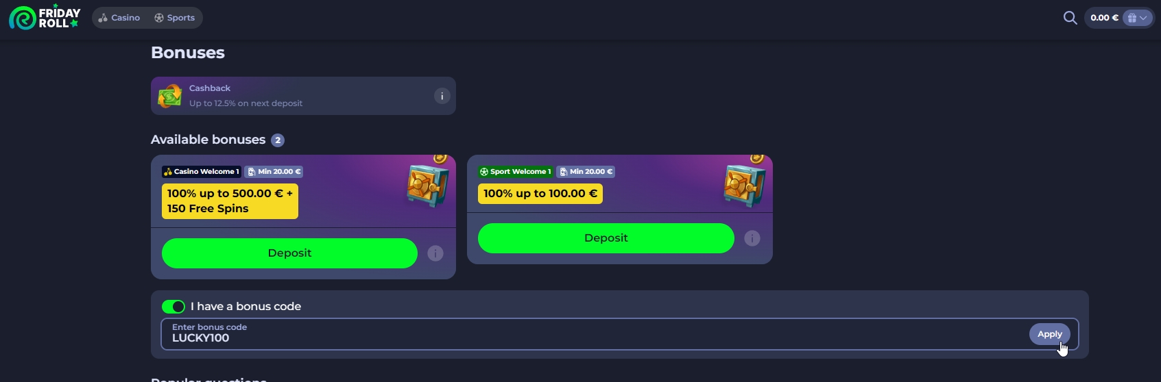 Screenshot FridayRoll - Bono Sin Deposito 100 Giros Gratis avec code LUCKY100