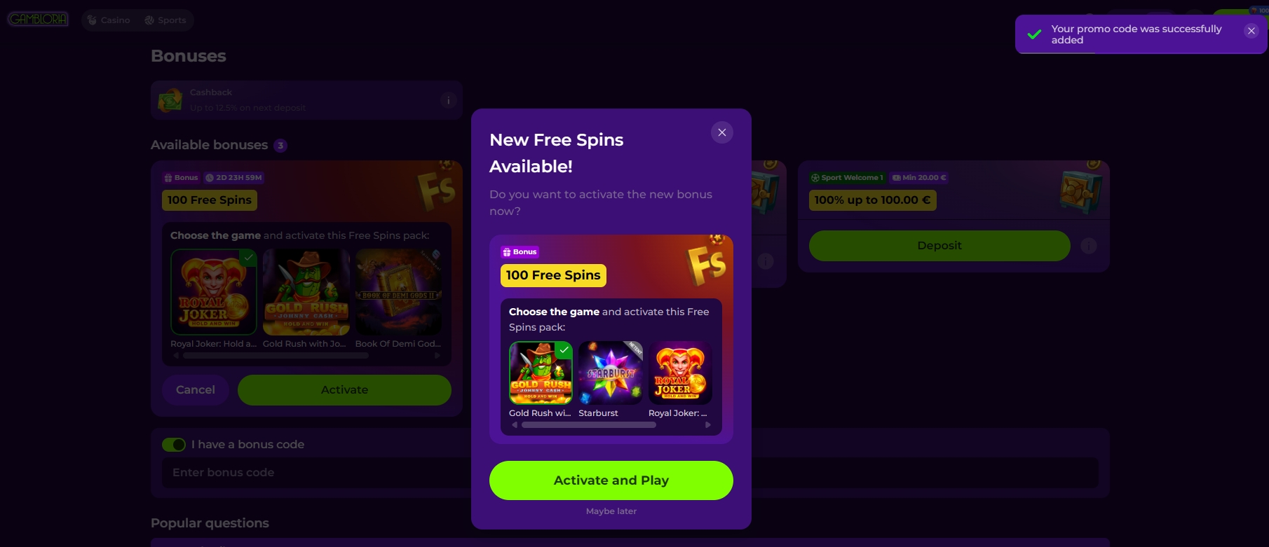 Screenshot Gambloria - Choix des jeux 100 Giros Gratis