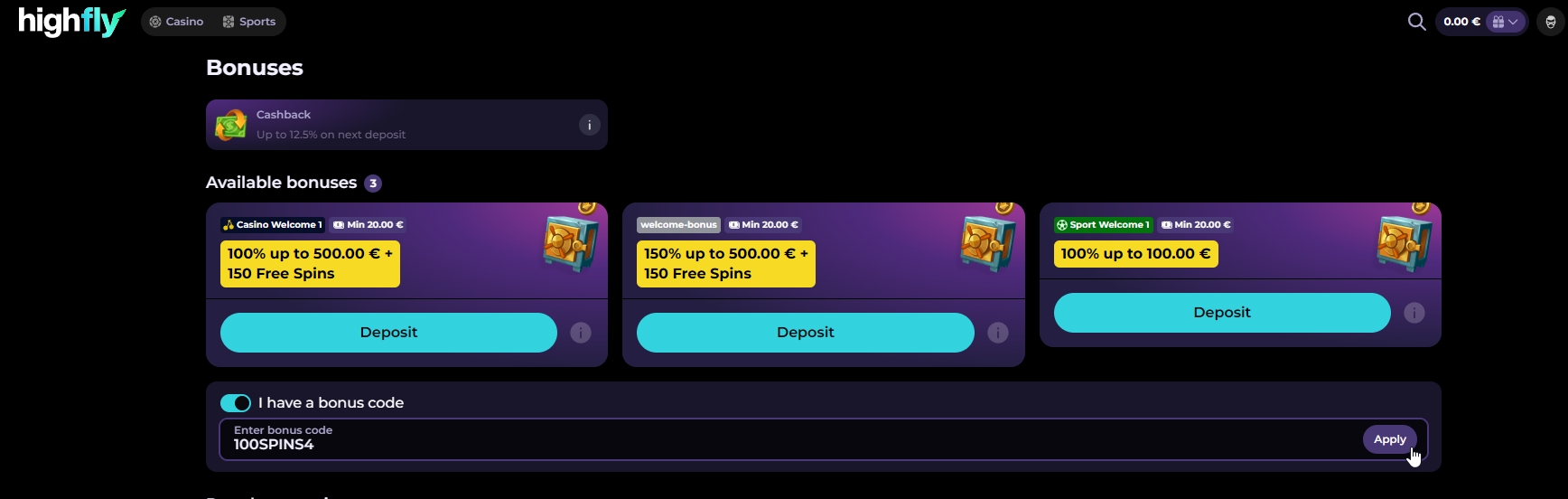 Screenshot HighFlyBet - Bono Sin Deposito 100 Giros Gratis avec code 100SPINS4