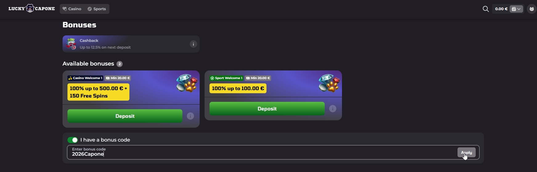 Screenshot LuckyCapone - Bono Sin Deposito 100 Giros Gratis avec code 2026Capone