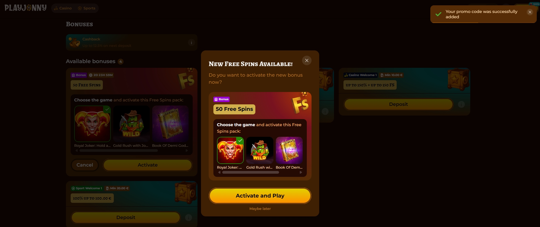 Screenshot Play Jonny - Choix des jeux 50 Giros Gratis