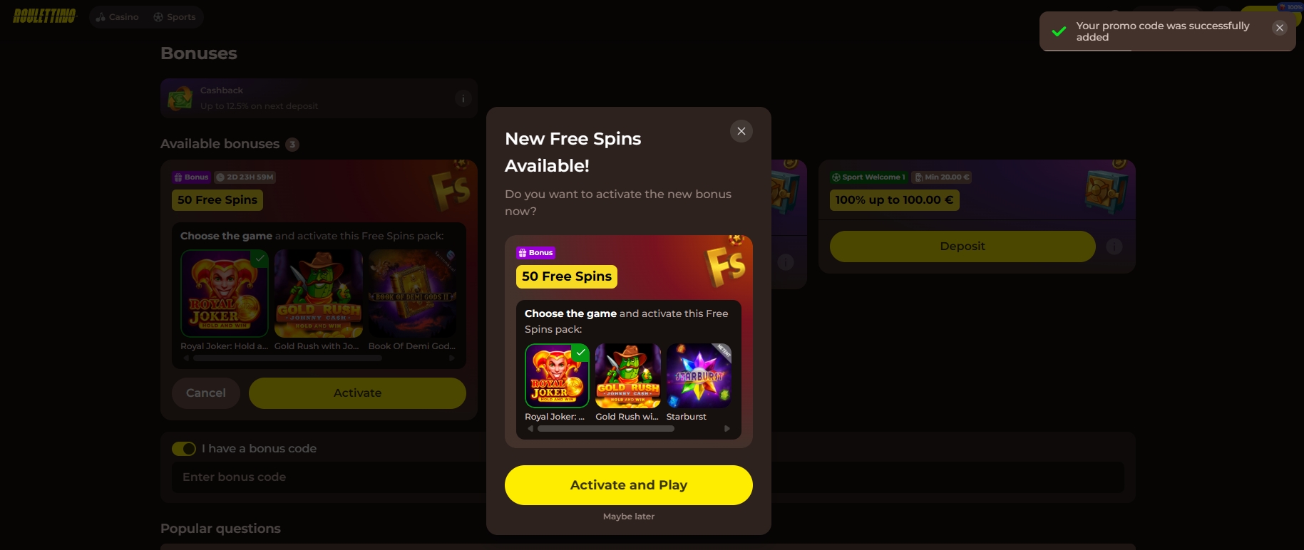 Screenshot Roulettino - Choix des jeux 50 Giros Gratis