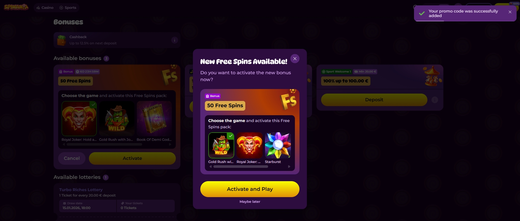 Screenshot Spinania - Choix des jeux 50 Giros Gratis