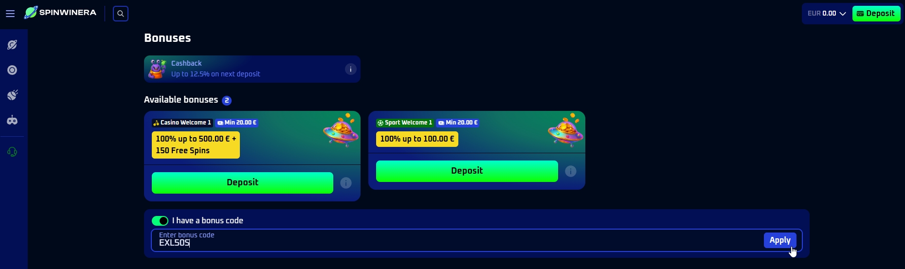 Screenshot Spinwinera - Bono Sin Deposito 50 Giros Gratis avec code EXL50S