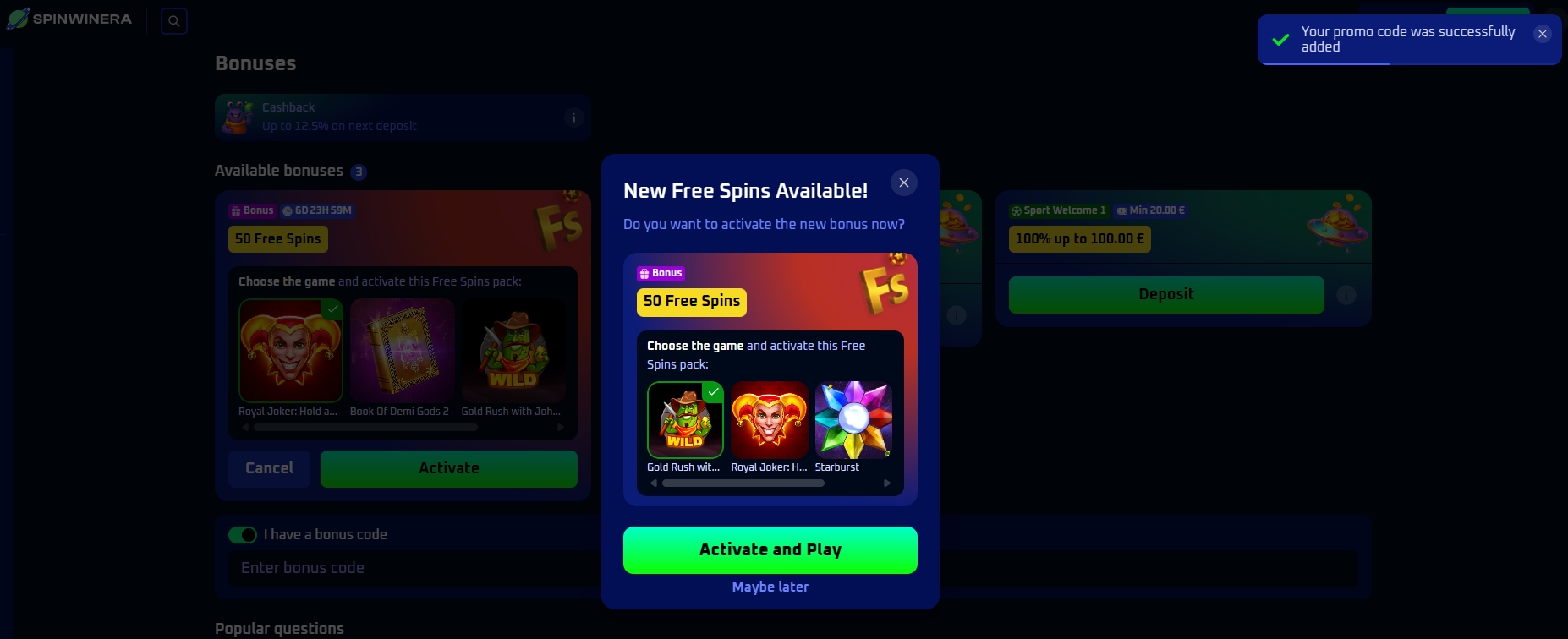 Screenshot Spinwinera - Choix des jeux 50 Giros Gratis