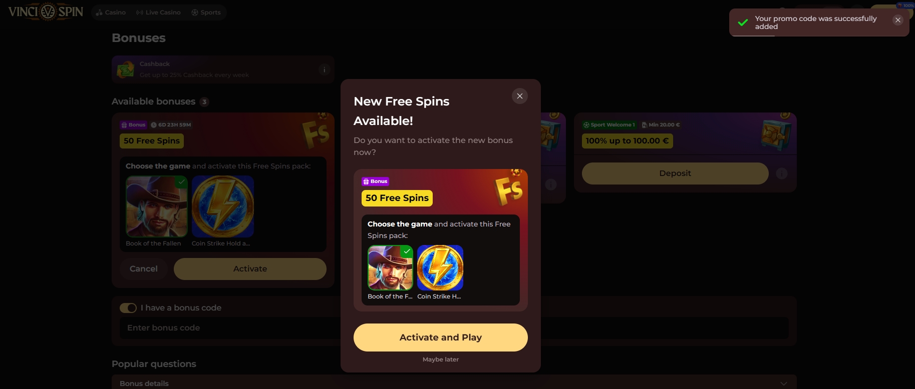 Screenshot Vincispin - Choix des jeux 50 Giros Gratis