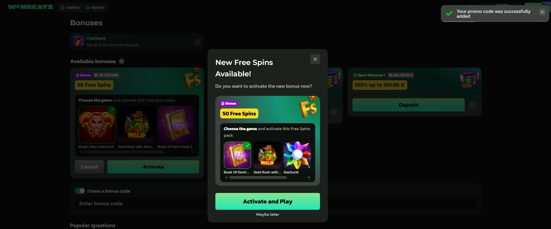 Screenshot Winbeatz - Choix des jeux 50 Giros Gratis