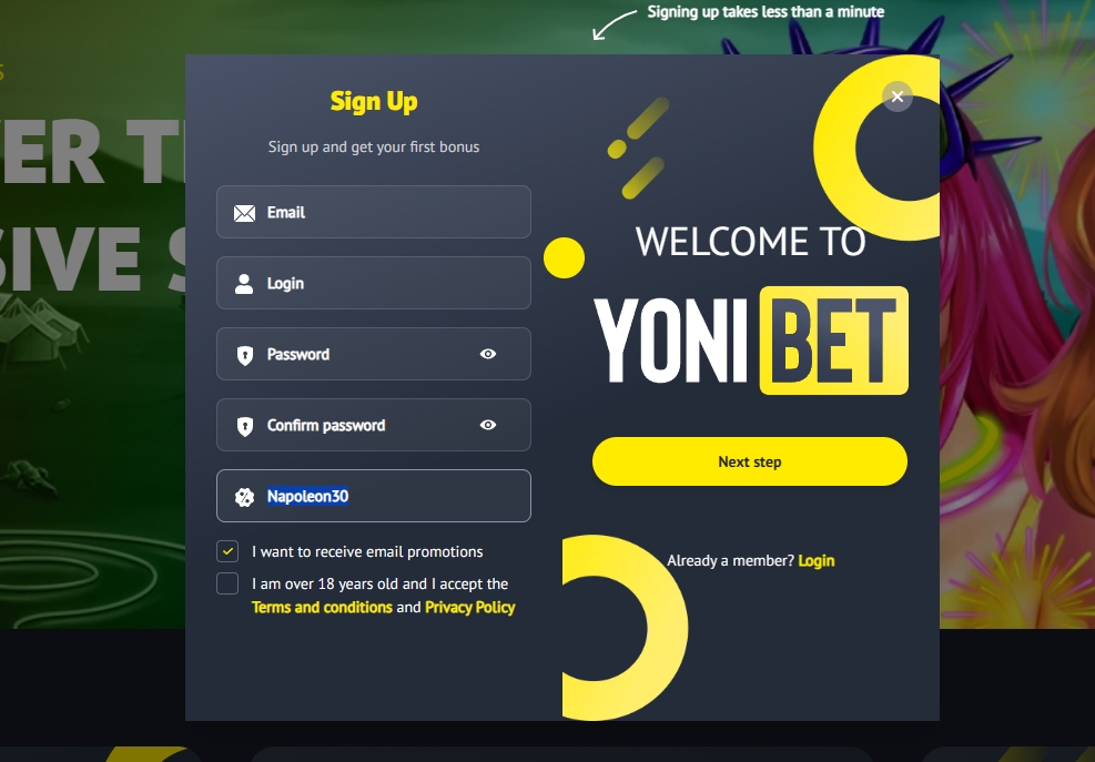 Screenshot Yonibet - Bono Sin Deposito 30 Giros Gratis avec code NAPOLEON30